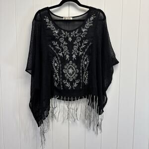 Unity World Wear Black Floral Sheer Blouse Women Large Knit Web Boho Beachy Chic